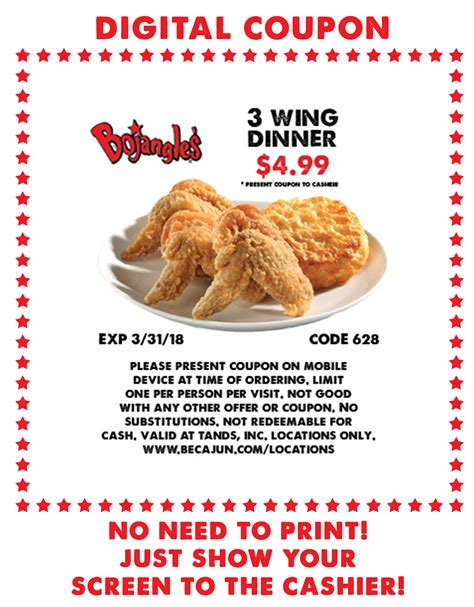 Bojangles promo code - Receive 50% Off for Any Order at Bojangles' Famous Chicken 'n Biscuits. Expires: Feb 25, 2024. 15 used. Get Code. VE50. See Details. is available from Receive 50% Off for Any Order at Bojangles' Famous Chicken 'n Biscuits, which is a good shopping opportunity. You can get this great deal in February. 